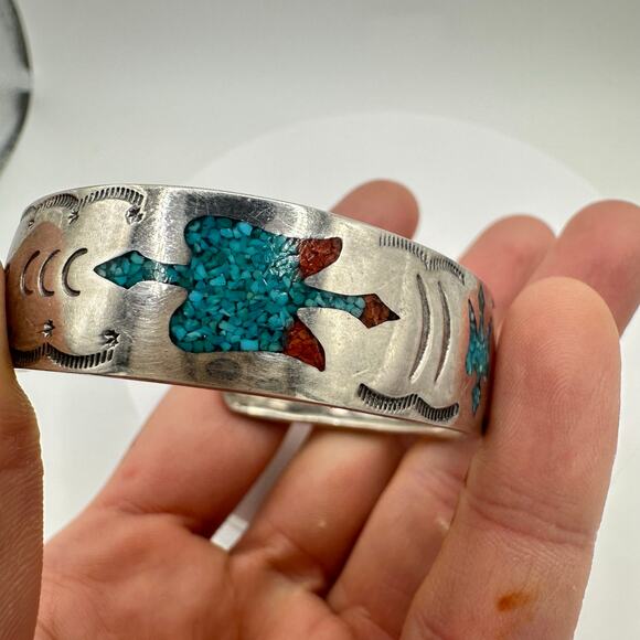 Navajo Native vintage sterling silver turquoise chip inlay cuff bracelet 28.54 - Picture 4 of 10